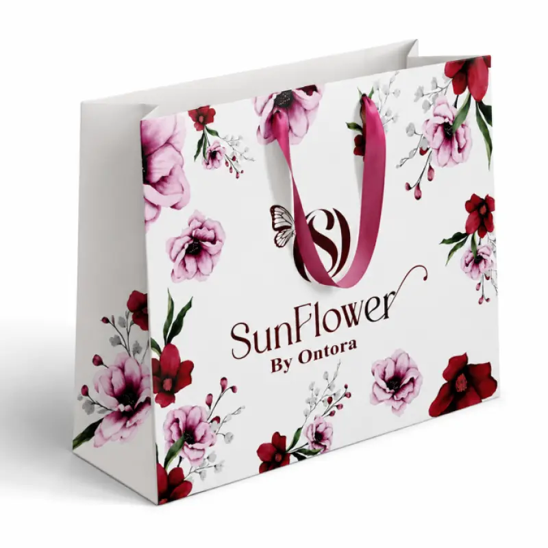 Signature Floral Printed Paper Shopping Bag | Custom Brand Packaging | 21 × 15 × 4 Inch