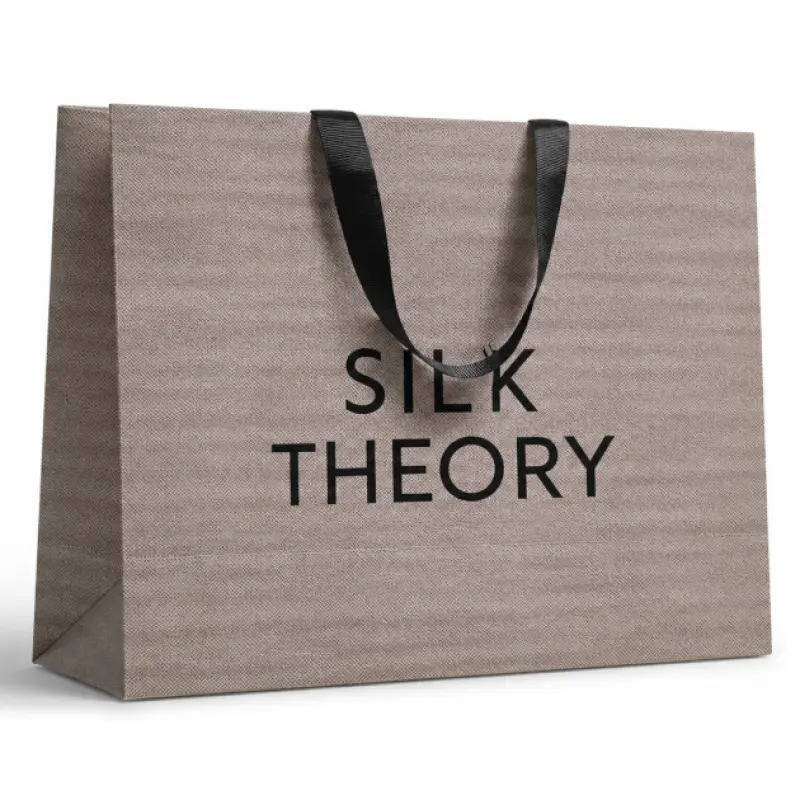Signature Textured Paper Shopping Bag with Ribbon Handle | Custom Printed | 12 × 15 × 5 Inch