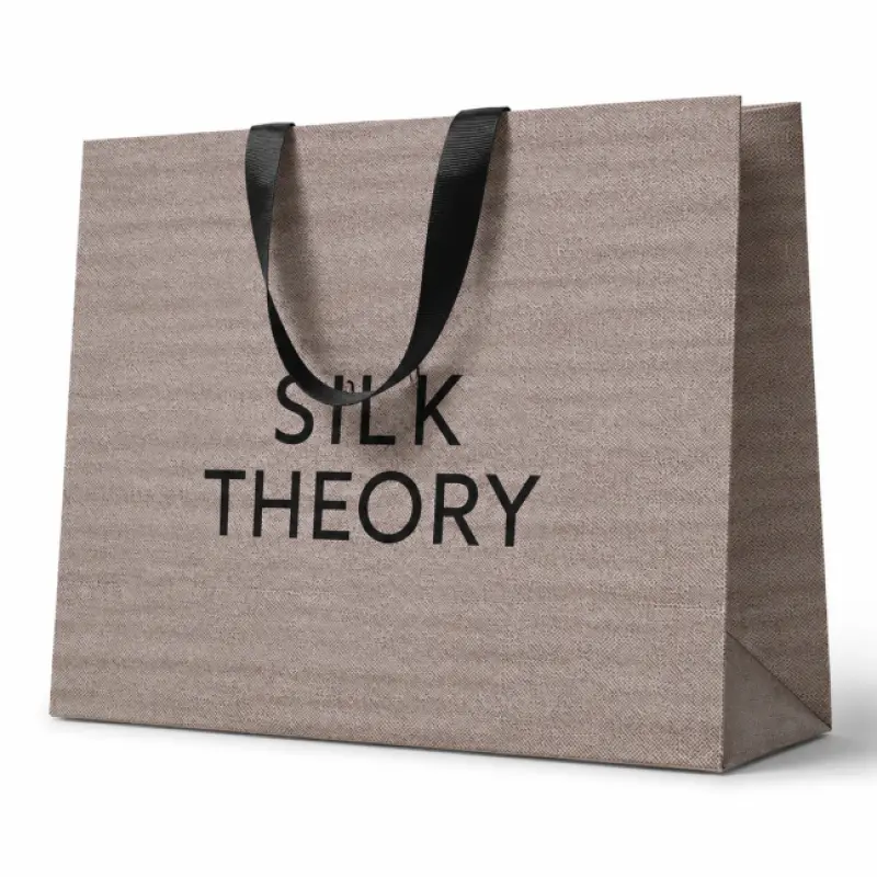 Signature Textured Paper Shopping Bag with Ribbon Handle | Custom Printed | 12 × 15 × 5 Inch
