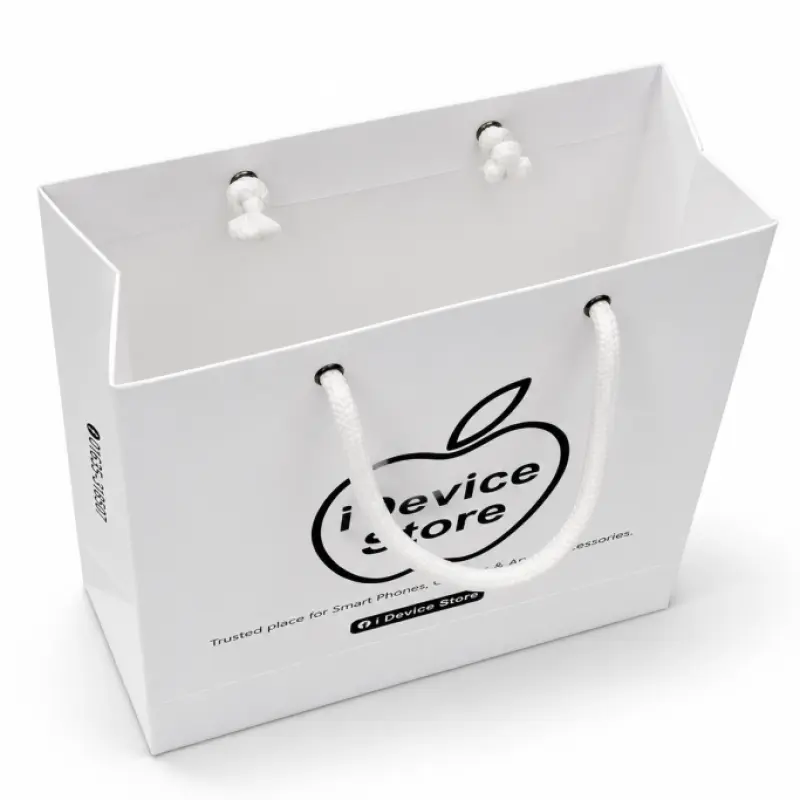 Custom Printed White Paper Shopping Bag with Rope Handle | Premium Retail Packaging (10 × 8.5 × 3 Inch)
