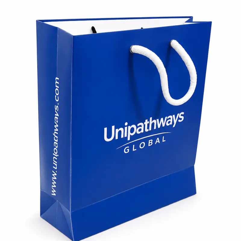 Custom Printed Blue Paper Shopping Bag with Rope Handle | Premium Retail Carry Bag (9 × 8 × 3 Inch)