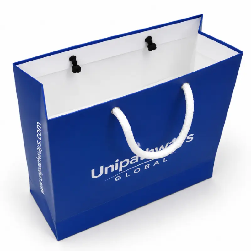 Custom Printed Blue Paper Shopping Bag with Rope Handle | Premium Retail Carry Bag (9 × 8 × 3 Inch)